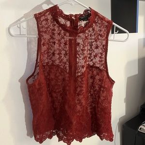 Burgundy mock collar lace top with sweetheart silhouette